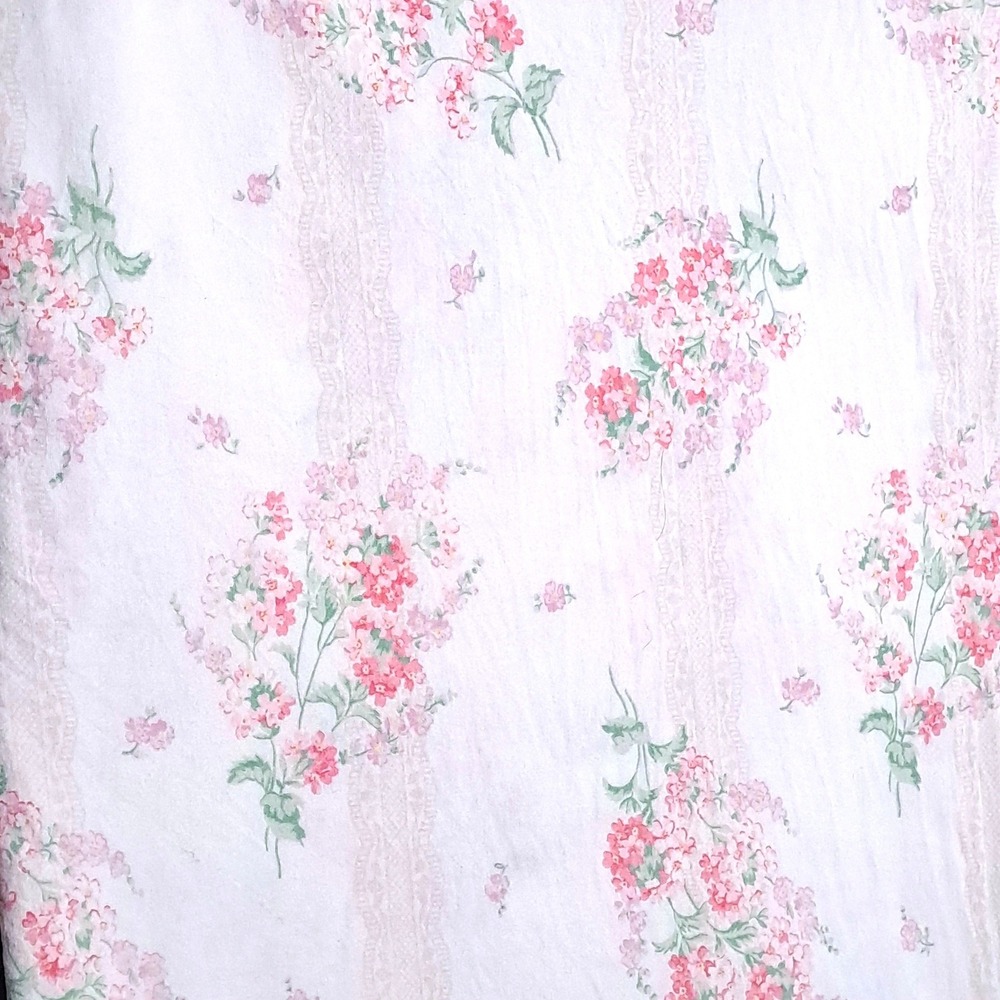 VTG Stevens Floral Flat Bed Sheet Twin White Pink Lace Stripe Cottagecore Fabric
